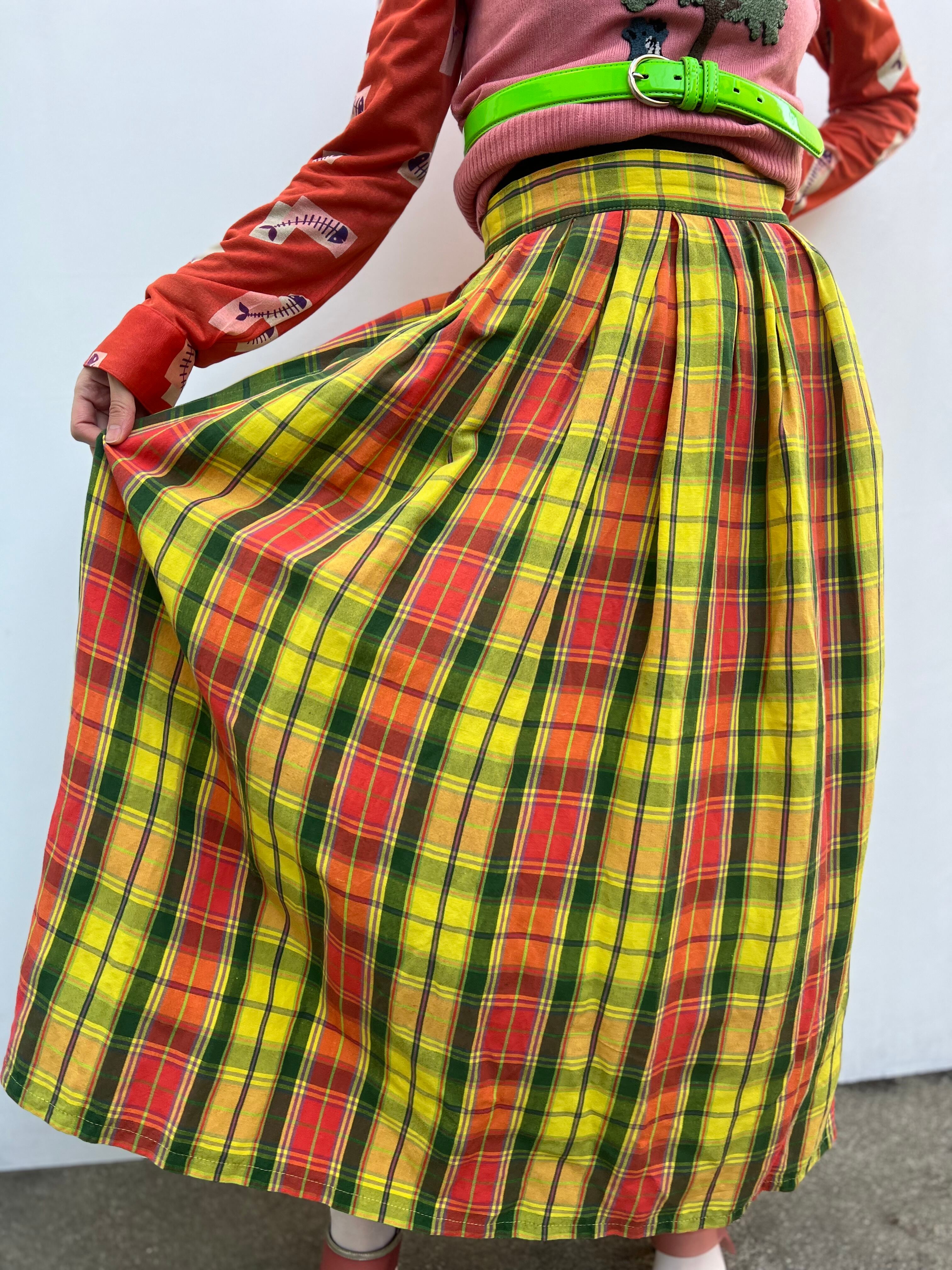 Vintage yellow plaid linen × rayon long skirt ( ヴィンテージ 