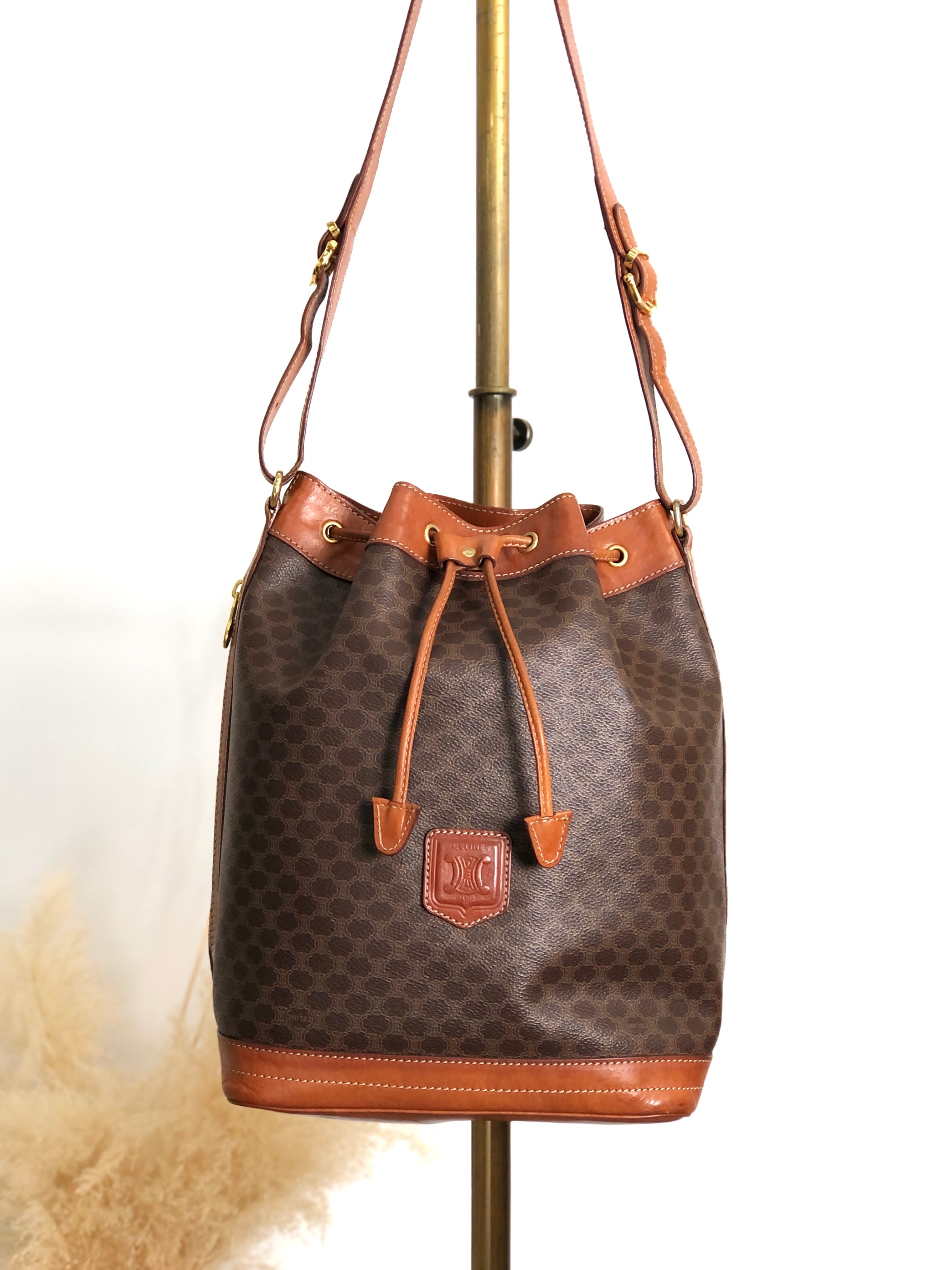 CELINE セリーヌ マカダム ショルダーバッグ ブラウン ブラゾン型押し PVC 巾着 vintage ヴィンテージ オールド wc85jm