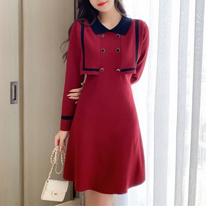 ワンピース 赤 長袖 配色 Poloネックデザイン レトロ カジュアル ニット レッド ブラック S M L Ll Dresszone