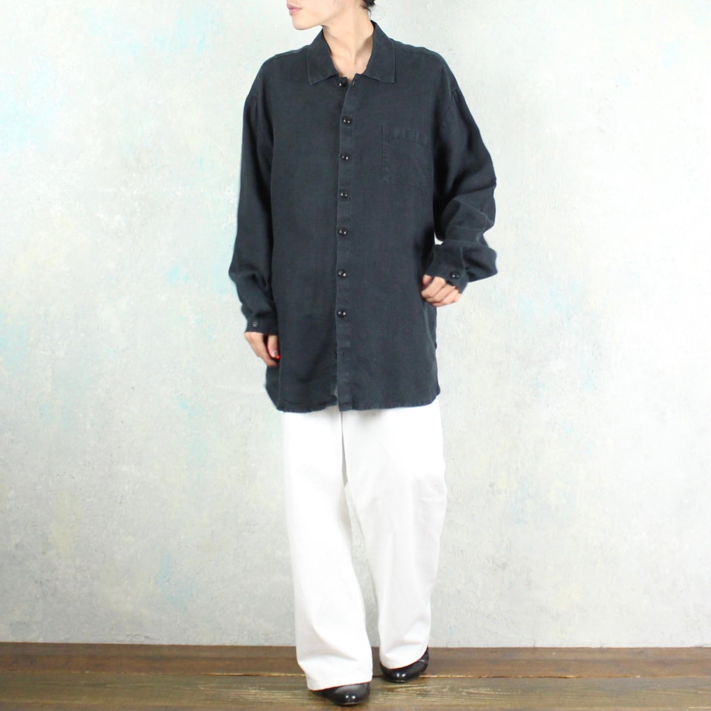 FLAX オーバーサイズ ブラック フラックス リネン デザイン シャツ 