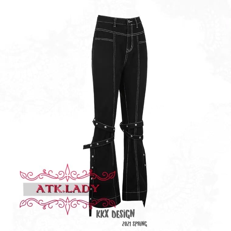 ATK.LADY】B51 デニム ブラック ベルト 黒 中性 ワイドレグ ロック
