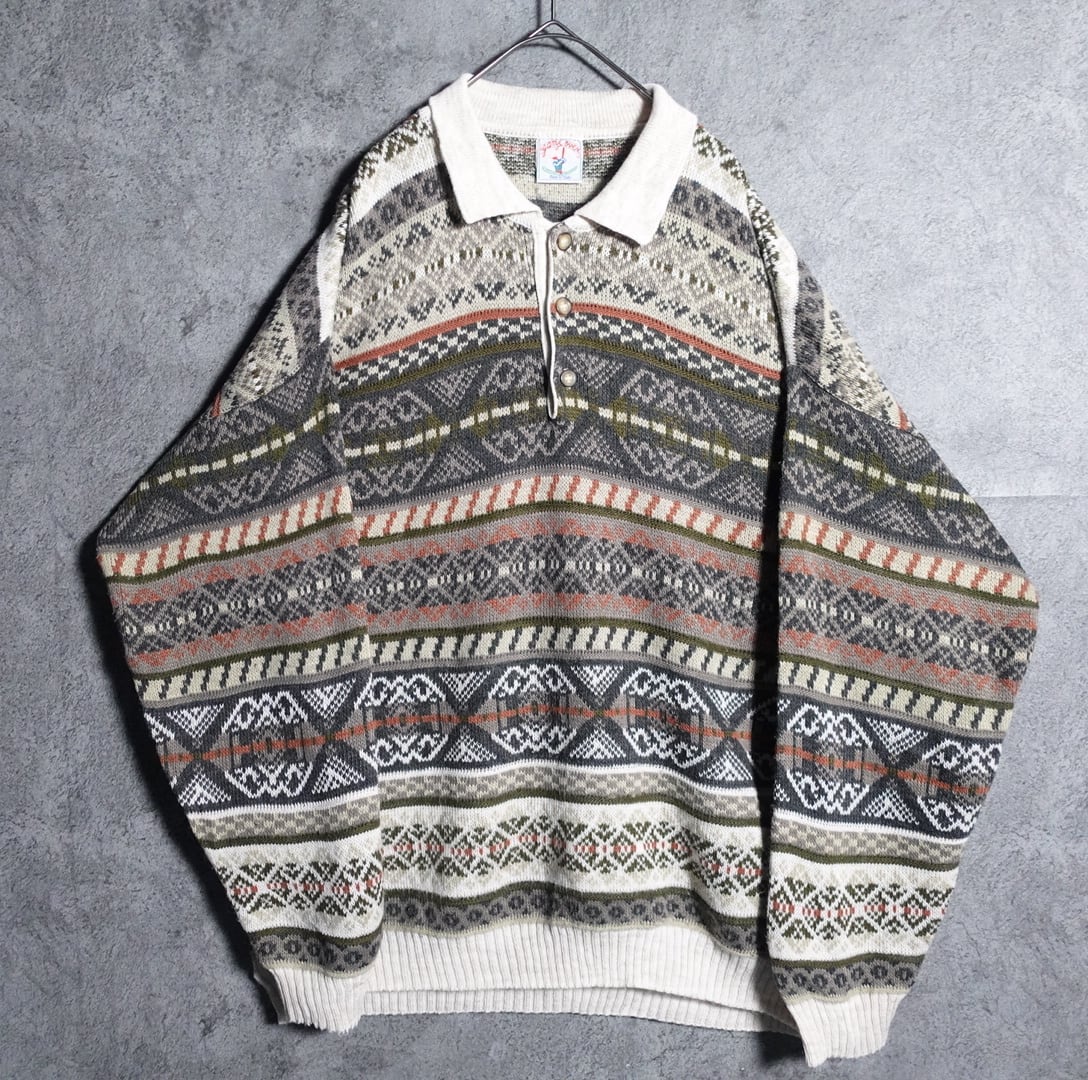 Multicolor abstract pattern border design knit polo shirt