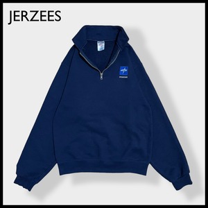 【JERZEES】企業系 企業ロゴ ワンポイントロゴ 刺繍 ハーフジップ スウェット プルオーバーネイビー S US古着