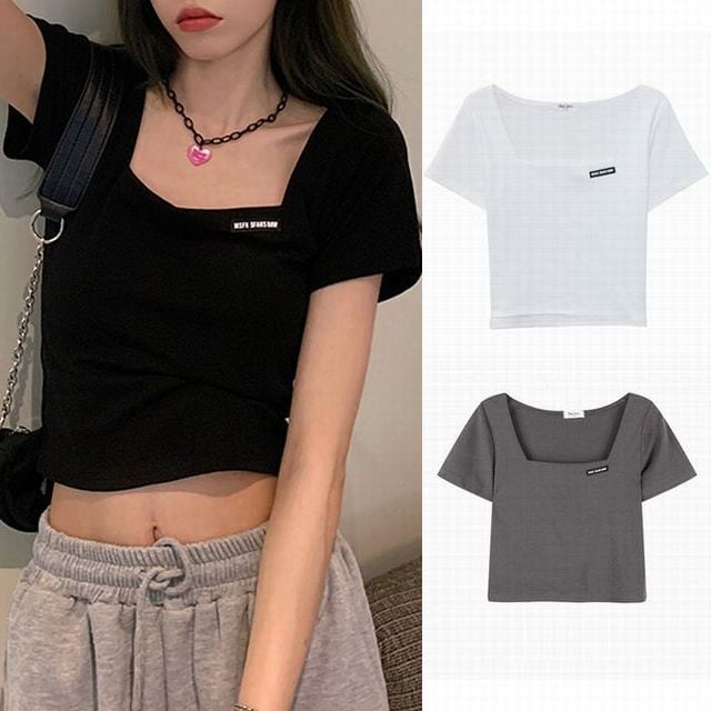 クロップド丈 Tシャツ スクエアネック へそ出し 半袖 夏 韓国