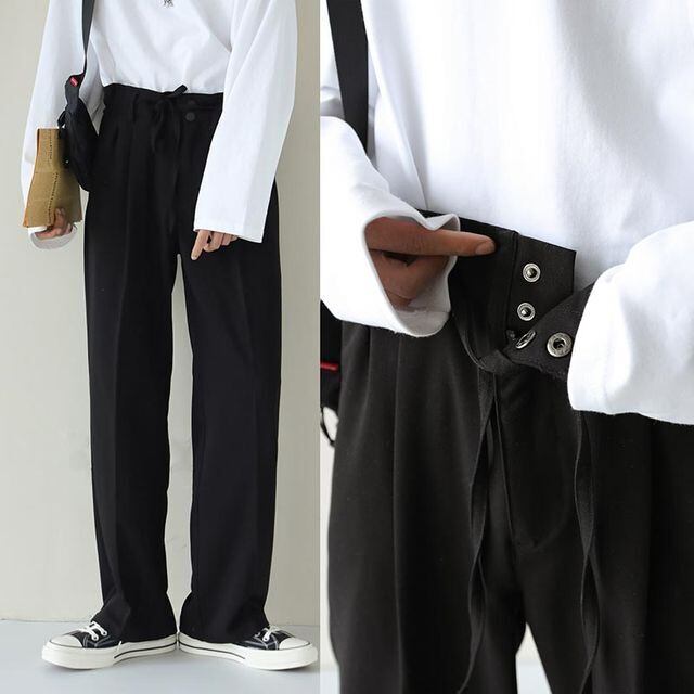 【予約販売】ストレートパンツ メンズ パンツ シンプル 無地 ブラック ブラウン ワイドレッグ ボトムス きれいめ スタイリッシュ こなれ感 お洒落 韓国 トレンド 夏 秋 冬 M/L/XL/2XL