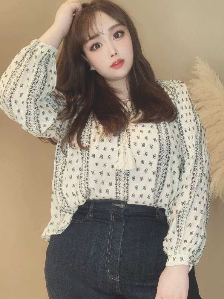 長袖パフスリーブボヘミアンブラウス ふんわり細見え カジュアル リラックス レトロ 大きいサイズ 韓国 Ch3878 Chulachula チュラチュラ 可愛い大きいサイズ韓国レディースファッション通販
