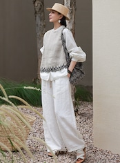 裾刺繍リネンベスト