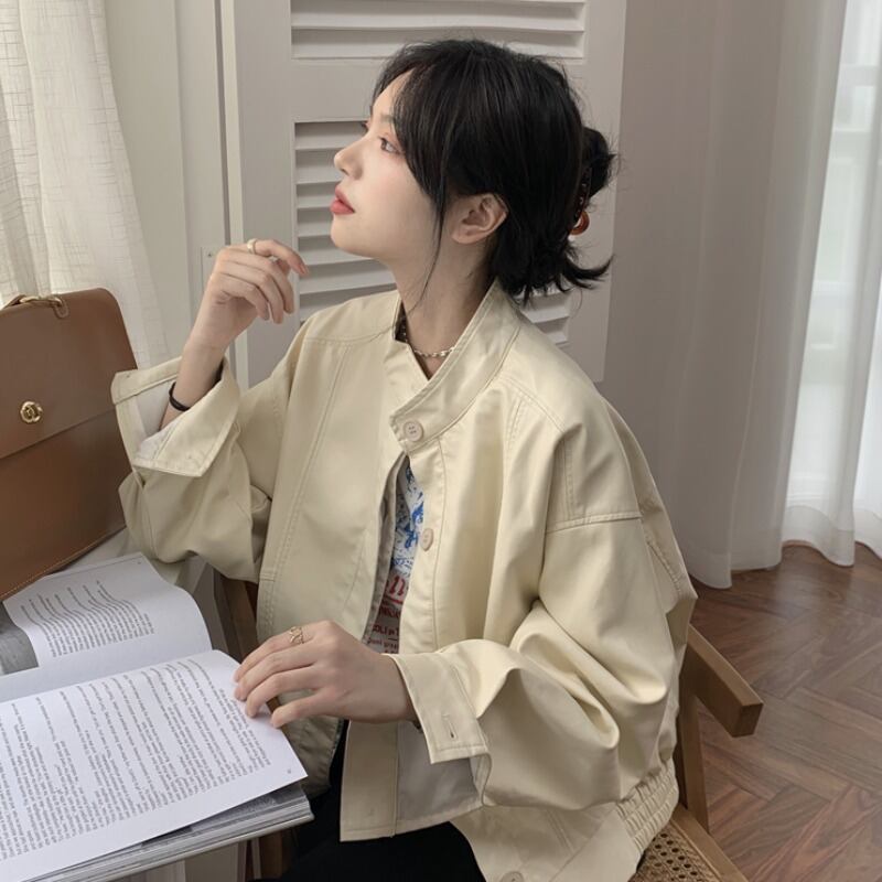 オータムウィンタースタンダードルーズカラーソリッド レザージャケット ロング レトロ 秋物 冬物 ソリッドカラー 萌量不足28918289586