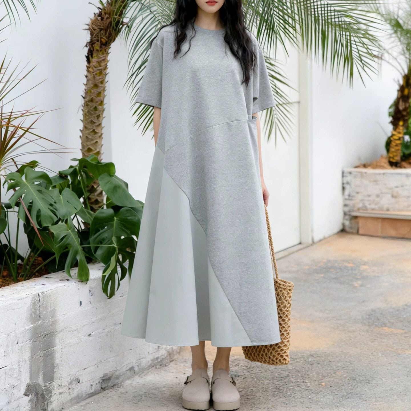 POCKET A-LINE SHORT SLEEVE MIDI DRESS M-16867