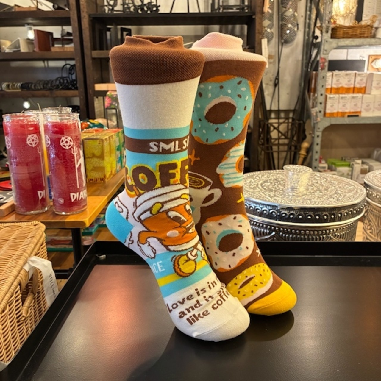 TOPANGA SOCKS Lady's　Asymmetry Socks Coffee and Donuts　アシンメトリーソックス　コーヒー＆ドーナツ　靴下　レディース　クルーソックス　