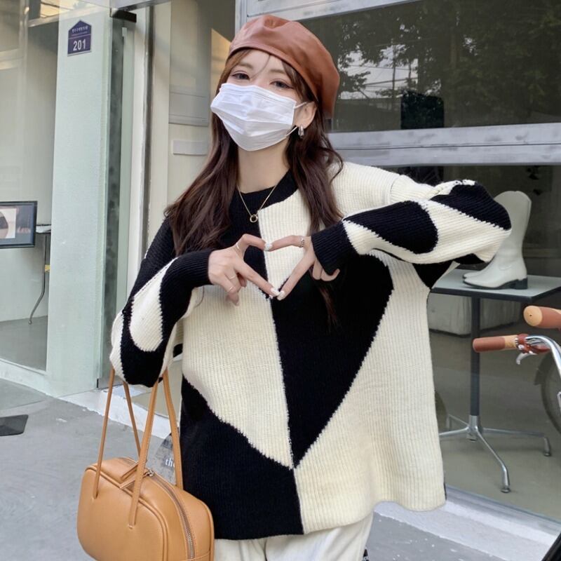 カラージャカードルーズプルオーバー ブラウス オータムセーター ロング 秋物 YY-ファッション54004157118