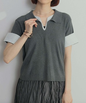 2603012 レイヤードポロニットトップス charcoal