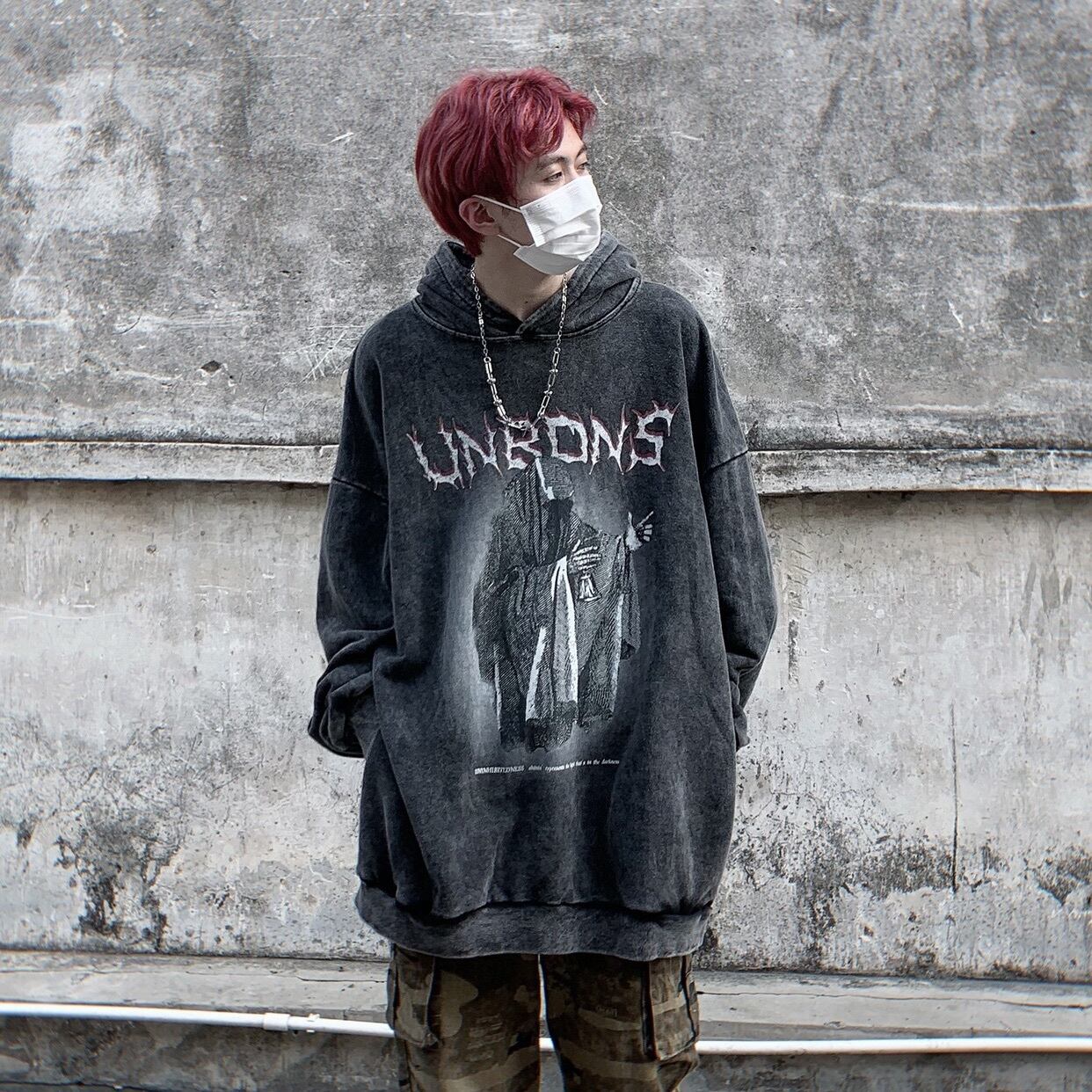 W3暗黒系悪魔プリントウォッシュドパーカー