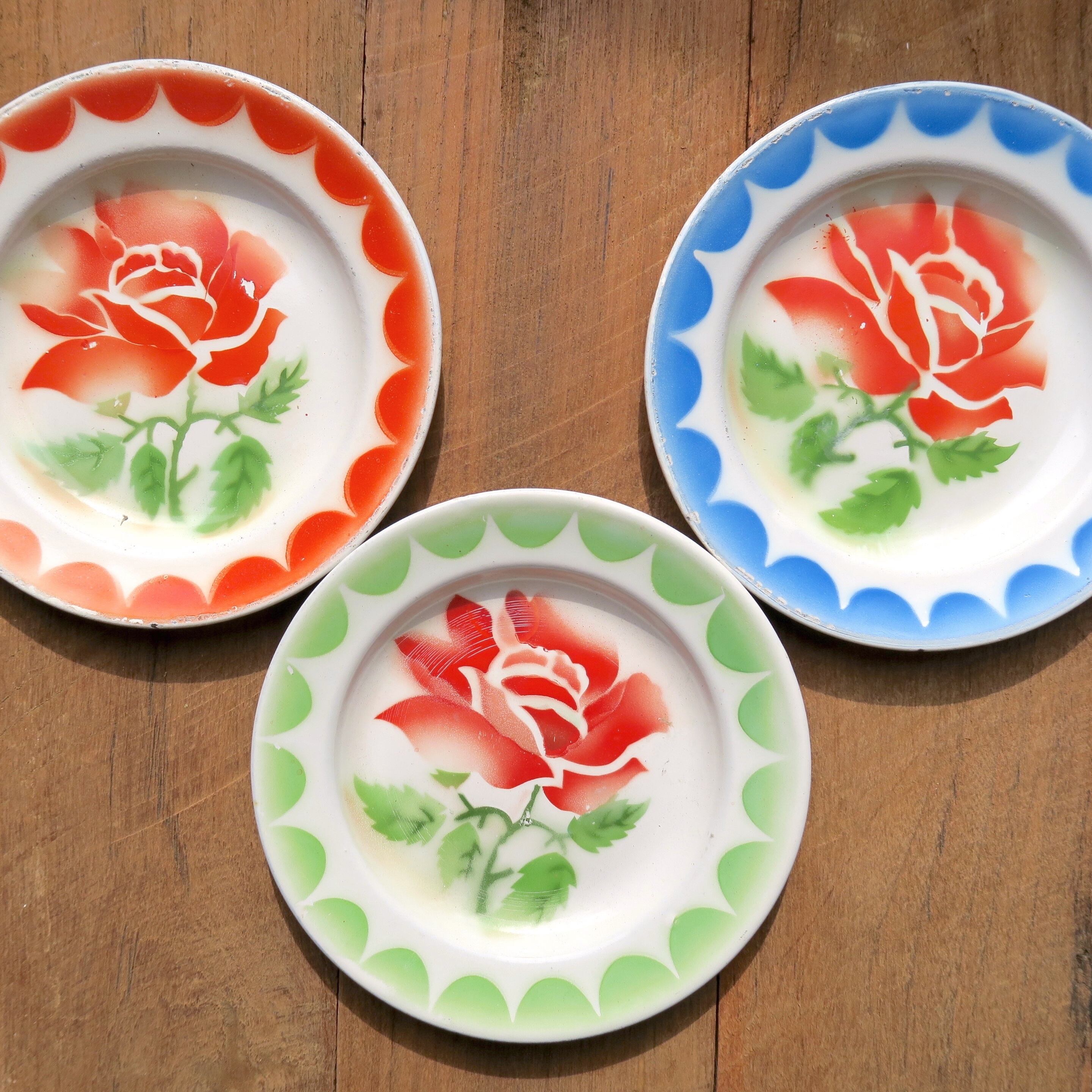 バラ柄 × ◠◠◠ デッドストックホーローミニ皿3枚Set