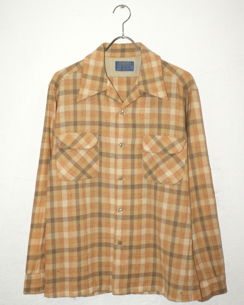 70s PENDLETON Open Collar Wool Plaid Shirt USA製