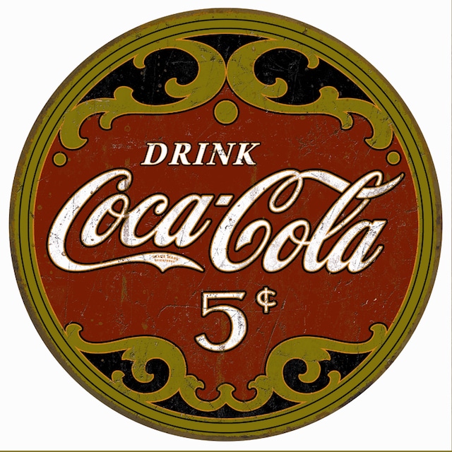 【ブリキ看板】Coca cola 5 cents ラウンド【ティンプレート