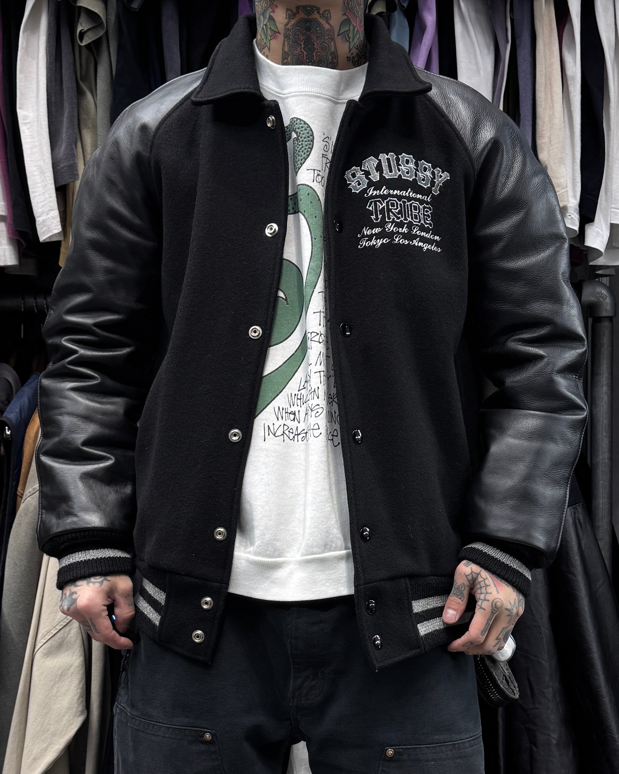 Stussy バーシティージャケット激レアスタジャン STUSSY◇Varsity Jacket/シリアルナンバー付き/袖レザー/スタジャン/L