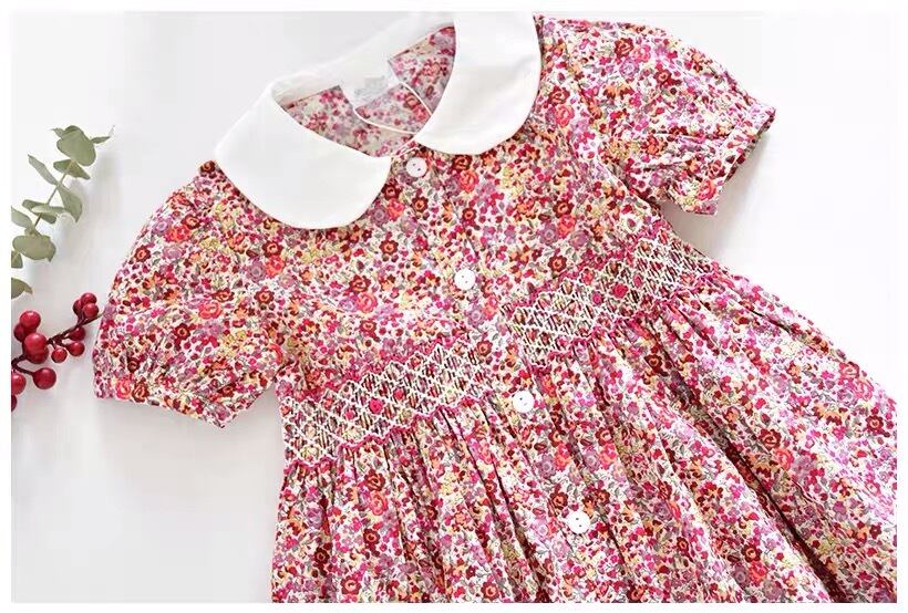 花柄 プリント スモッキング 刺繍 ドッキング Wフェイス ワンピース 80 130cm お気に入