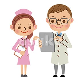 イラスト素材:タブレットを使いながら会話する医者と看護師(ベクター・JPG)