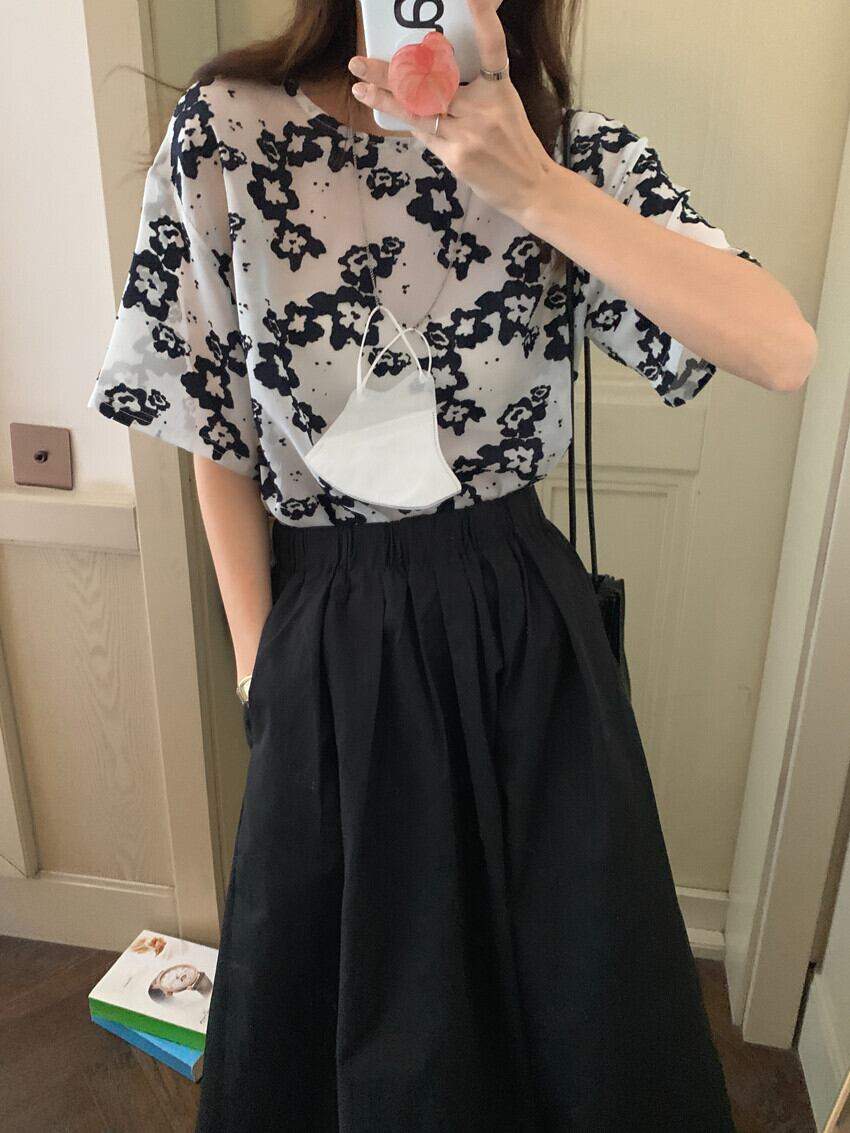 メッシュパターン薄手ブラウス レディースサマースタイルプリーツウェストスカート 夏物 ビッグFスモールZ韓国71534715549