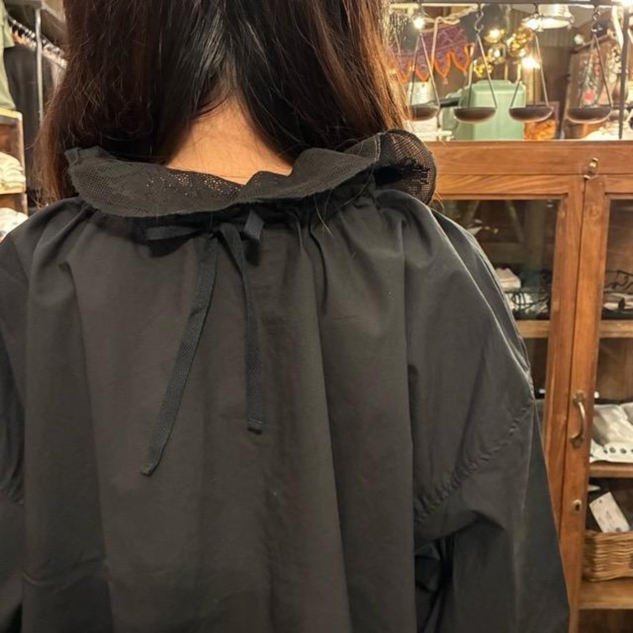 UNIVERSAL SEVEN Natural Typewriter Italian Filet Lace 2-Way Blouse, Black, Long Sleeve, Cotton, Front and Back
