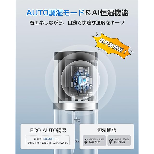 加湿器 大容量 9L 【2025新技術採用 6重除菌浄化&AI知能調湿】 加熱