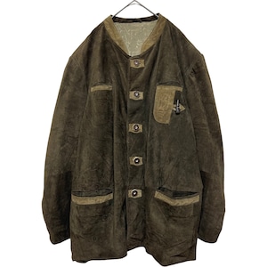 『美品 VINTAGE Real suede leather leaf deer embroidery fake wood toggle button big silhouette over size Tyrol Tyrolean jacket』USED 古着 ヴィンテージ リアル スエード レザー 本革 リーフ 鹿 刺繍 フェイク ウッド 水牛調 ボタン ビッグ シルエット オーバー サイズ チロル チロリアン ジャケット