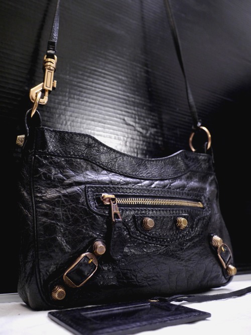 レア◆BALENCIAGA バレンシアガ ジャイアントヒップ ローズゴールド レザー ショルダー バッグ 黒◆ 希少なローズゴールドスタッズモデル♪