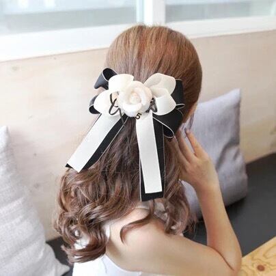 カメリア ビック リボン バレッタ ブラック 黒 ヘアアクセサリー