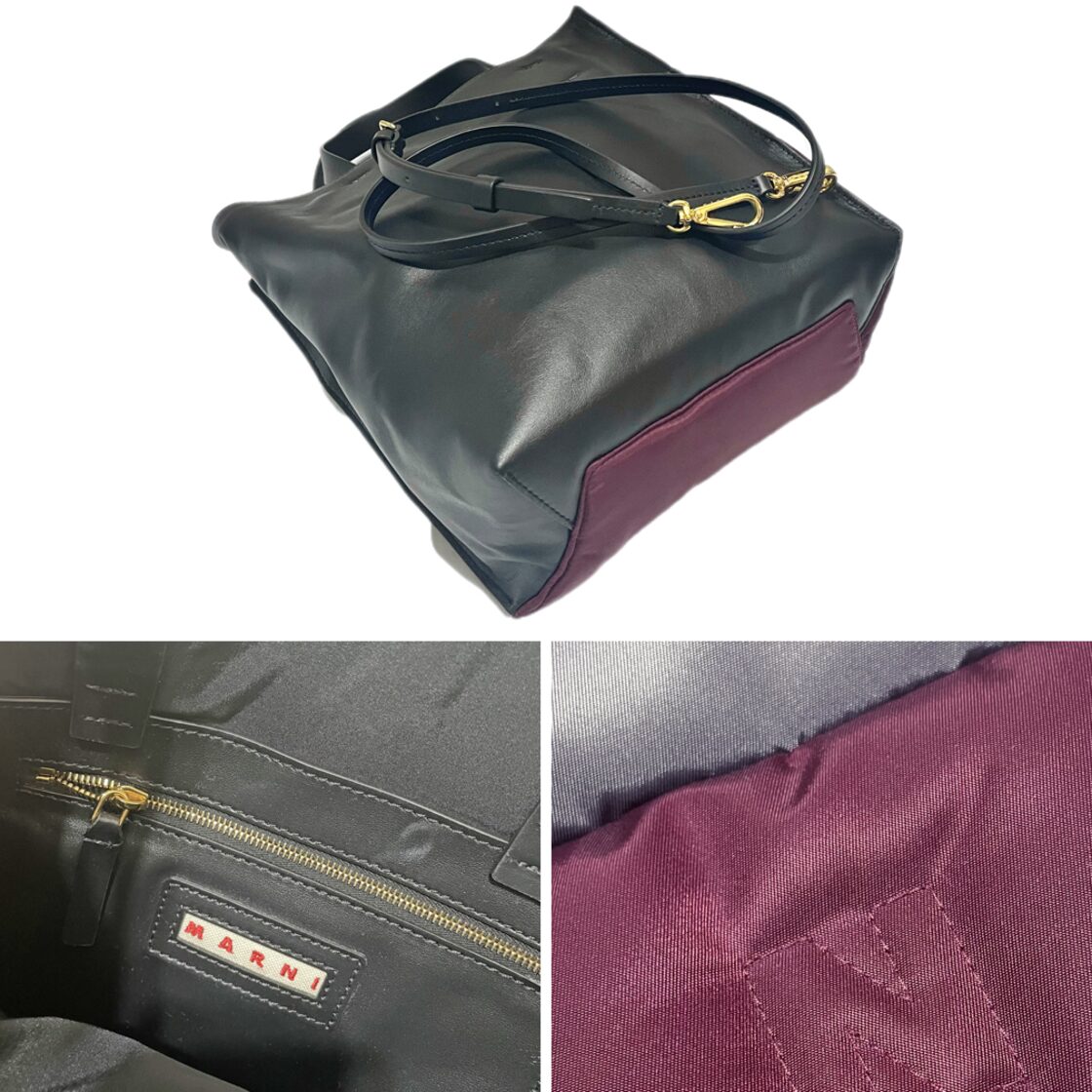 新品マルニMARNI男女兼用キルティングトートバッグ黒×ボルドー2way  