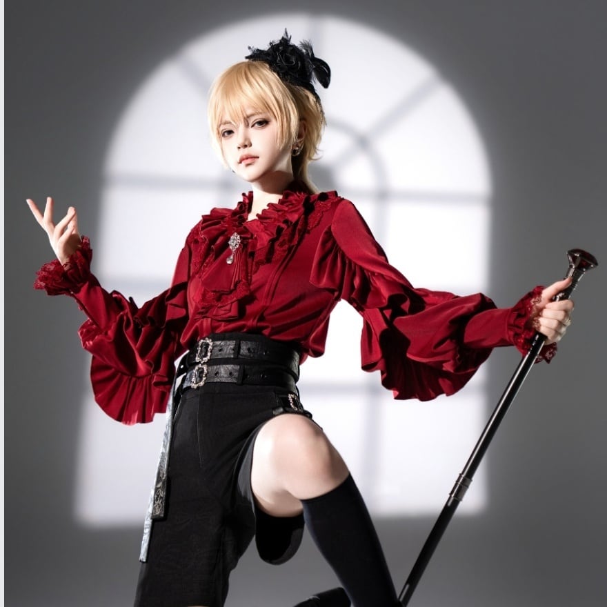 深紅に咲く退廃花 多層フリル姫袖のゴシック王子系ブラウス|予約商品