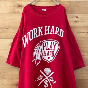 【keya】WORK HARD プリント Tシャツ ロゴ 3XL ビッグサイズ レッド US古着