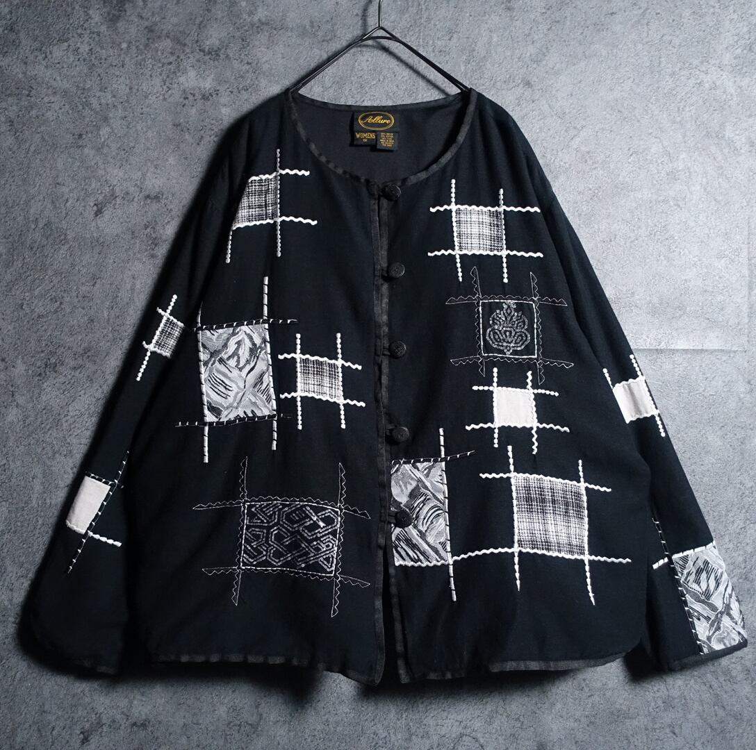 Black Patch Design Collarless Jacket