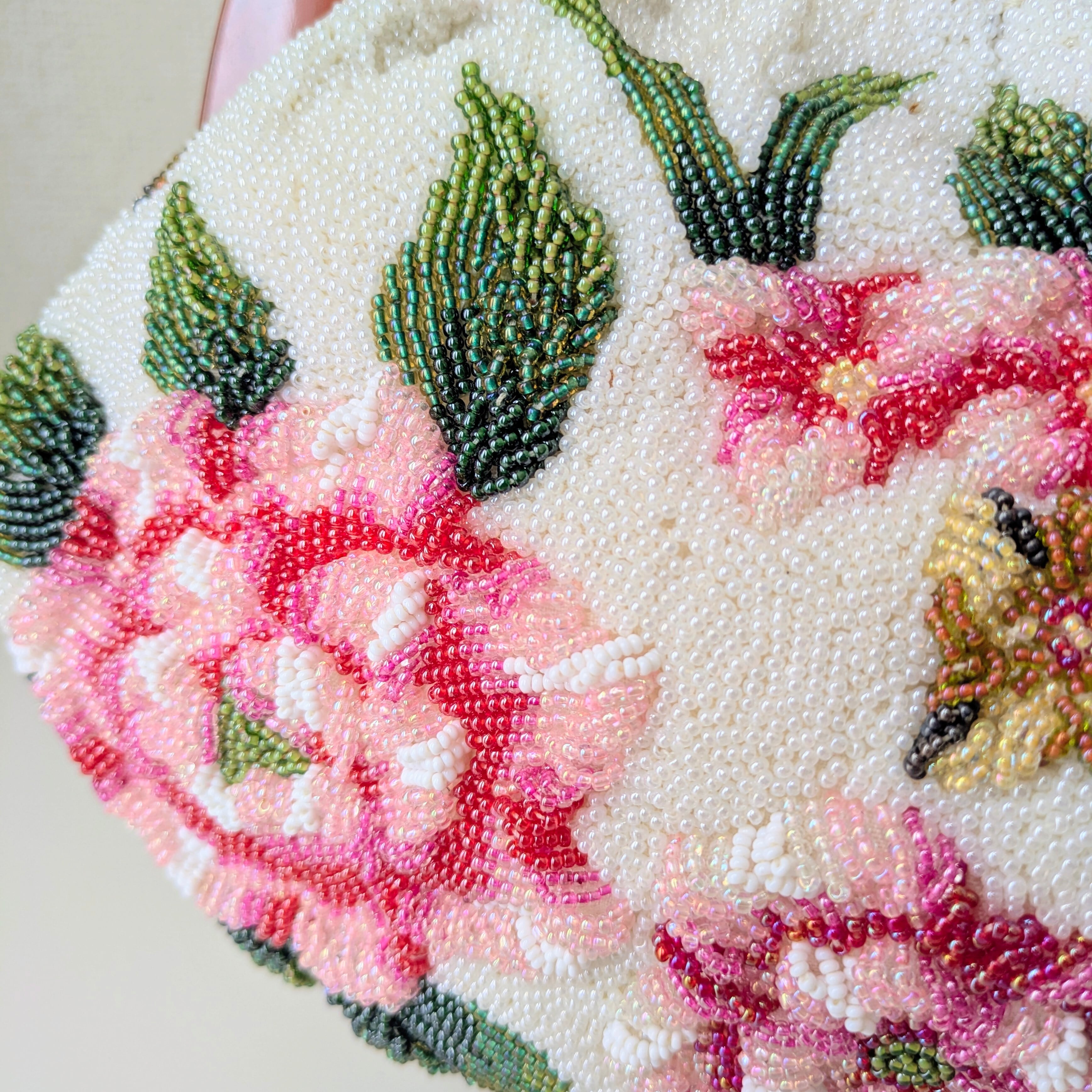 Vintage】ビーズ刺繍バッグ 白 花柄 べっ甲風 大き目サイズ パーティー