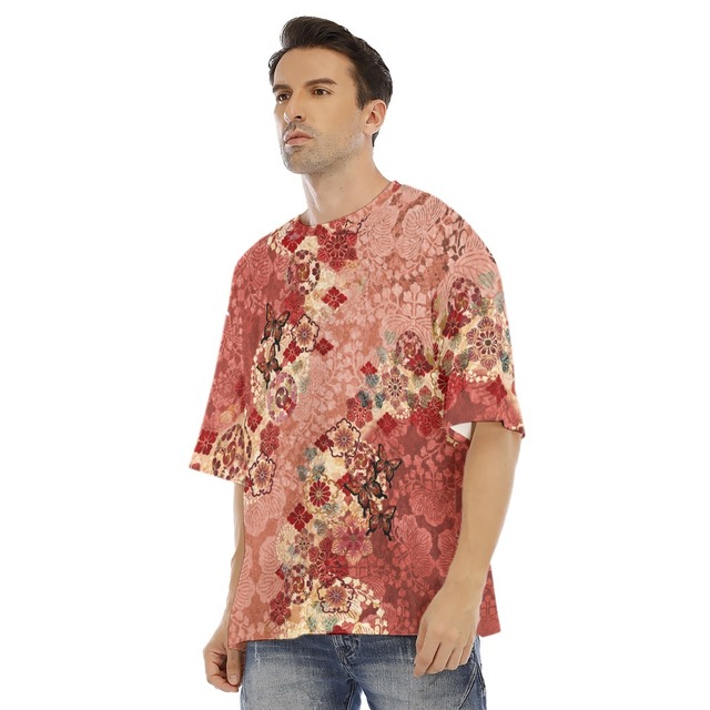 和紋様装飾　珊瑚色　和柄ユニセックス ドロップショルダーTシャツ