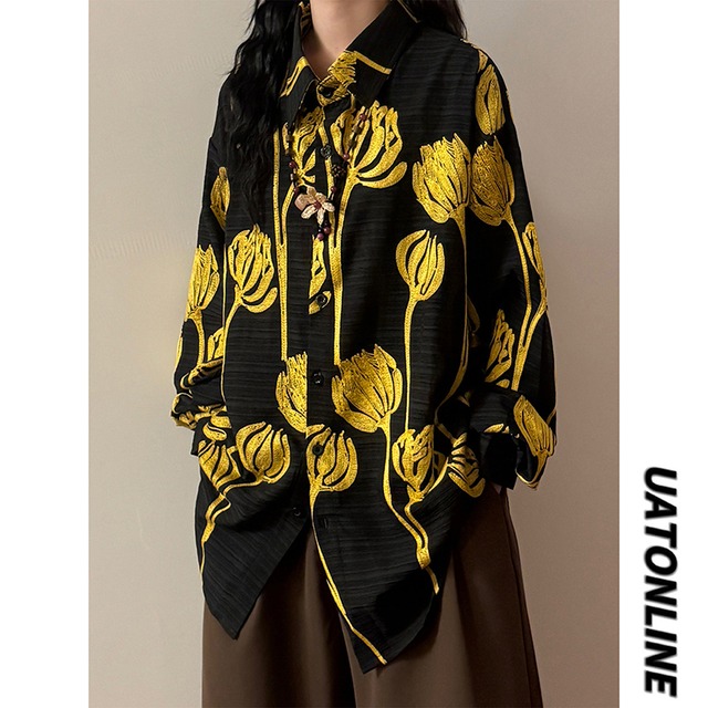 【UATONLINEシリーズ】★シャツ★ 2color トップス 長袖 ユニセックス メンズ 花柄 配色 黄