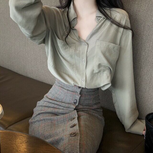 くすみ ミントグリーン シャツ ブラウス とろみ とろみシャツ 大きい