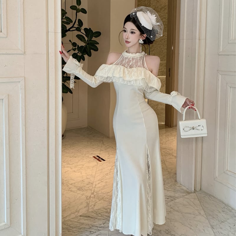 【dress】ホルターネックレースドッキングワンピース Q7878