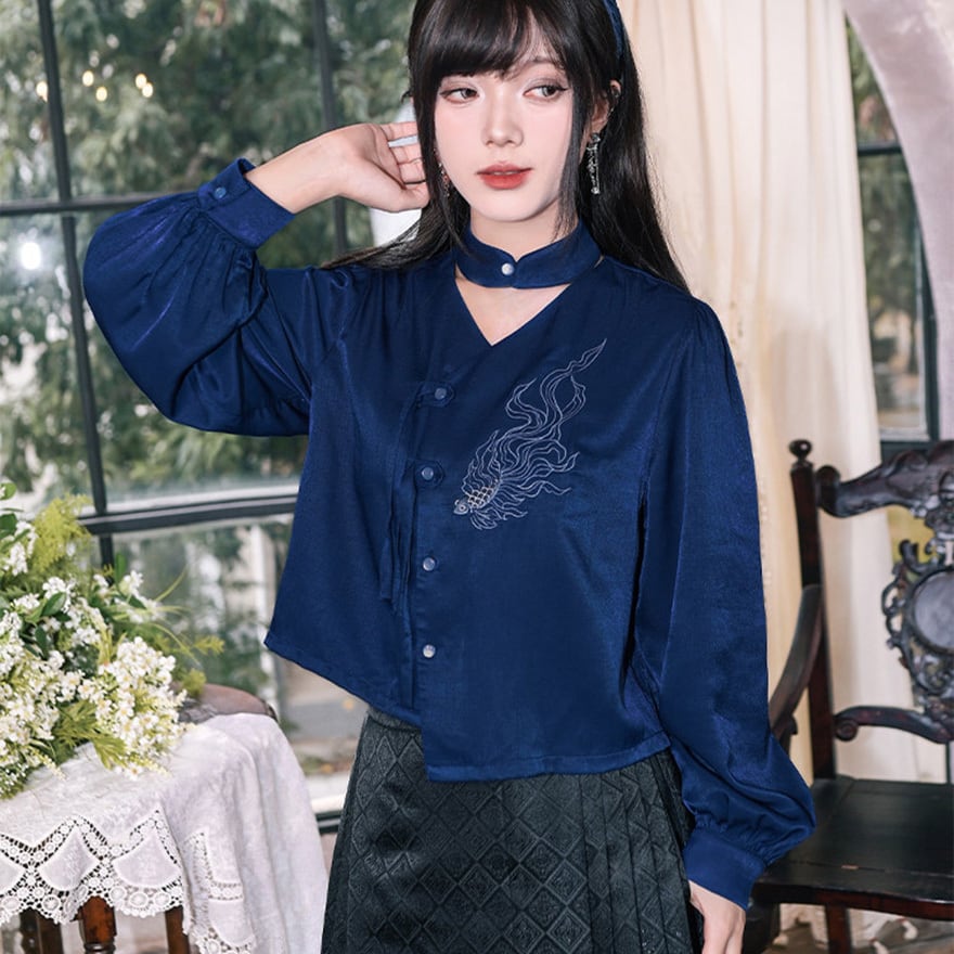サブカル 地雷系ファッション 古怪舎 中華風刺繍シャツ ランタンスリーブ|天使と悪魔