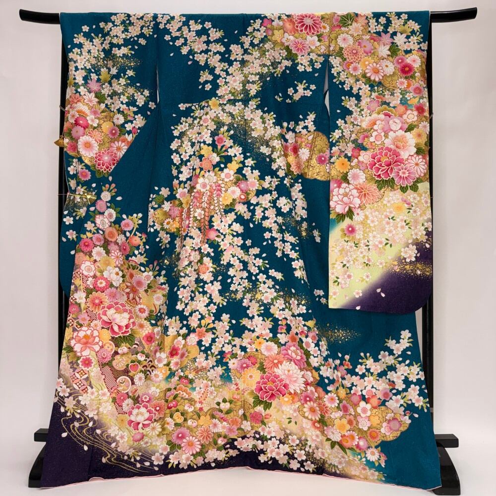 振袖 中古 青 緑 正絹 古典 裄67.5cm 身丈173cm 美品 L サイズ 成人式 6724