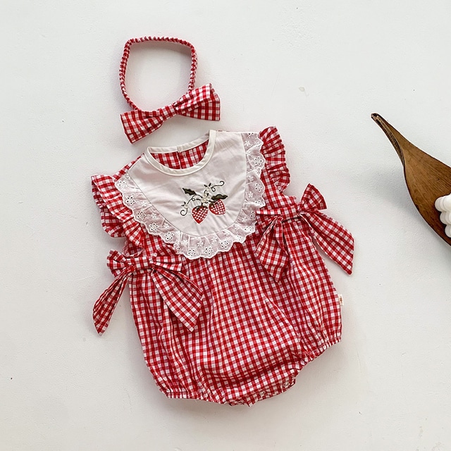 【BABY】夏作赤チェック柄パフスリーブロンパース＆ヘッドバンド