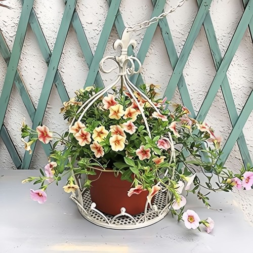 フラワースタンド プラントホルダー 吊り下げ アイアン 園芸ラック 観葉植物 植木鉢 手すり ハンギングバスケット 屋外 鉢置き ベランダ バルコニー 家庭菜園 3色 ホワイト ブラウン グリーン