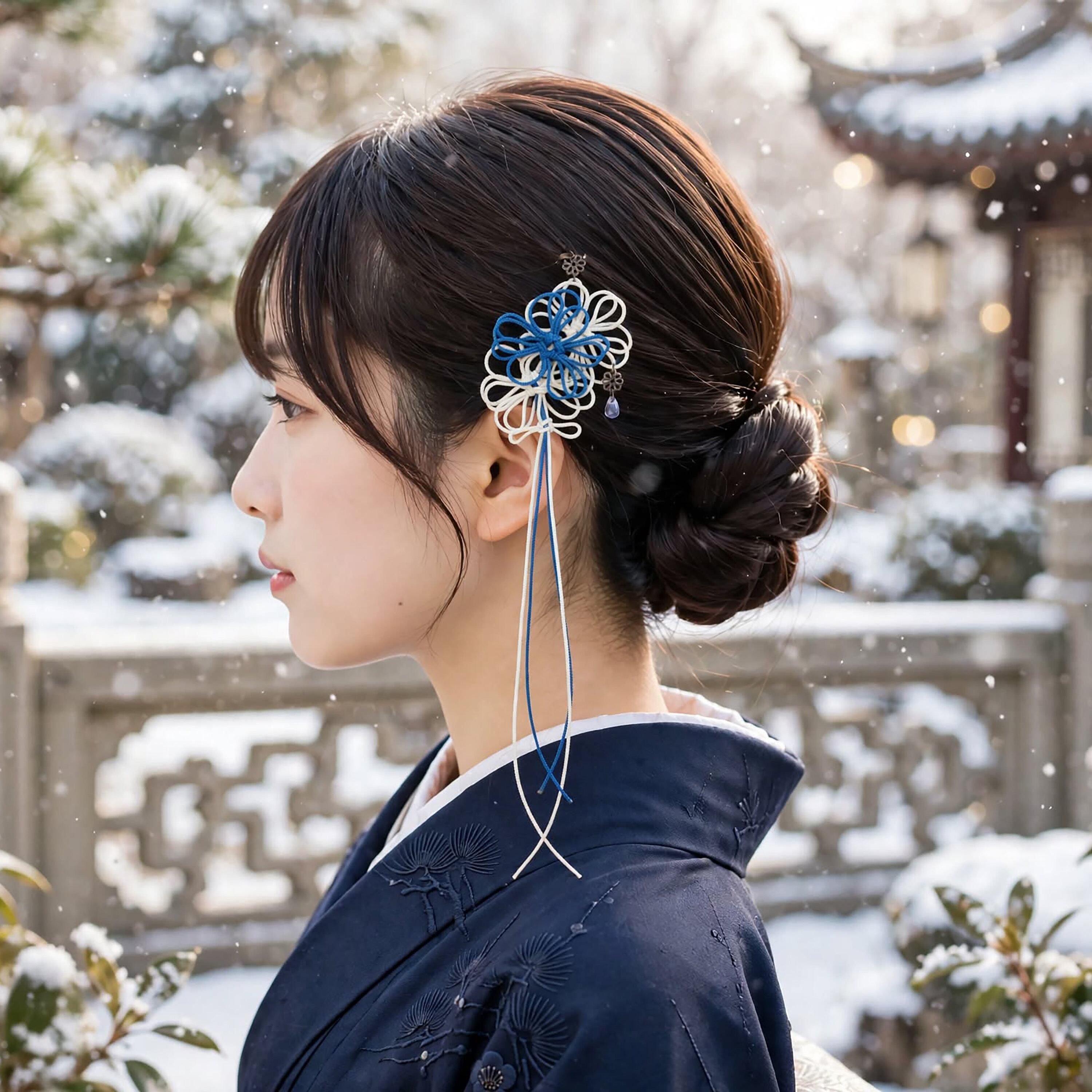 飾り結びヘアピン「輝の雪、此処に」(淡青×アイボリー)【軽量快適】ショートヘアも簡単和風アレンジ。