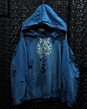 【ÆIEM】original “boro” remake oriental dragon graphic damage hoodie pullover - Smoky Navy