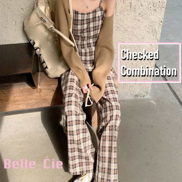 チェック オールインワン サロペット レディース 韓国ファッション コンビネゾン つなぎ ロングパン