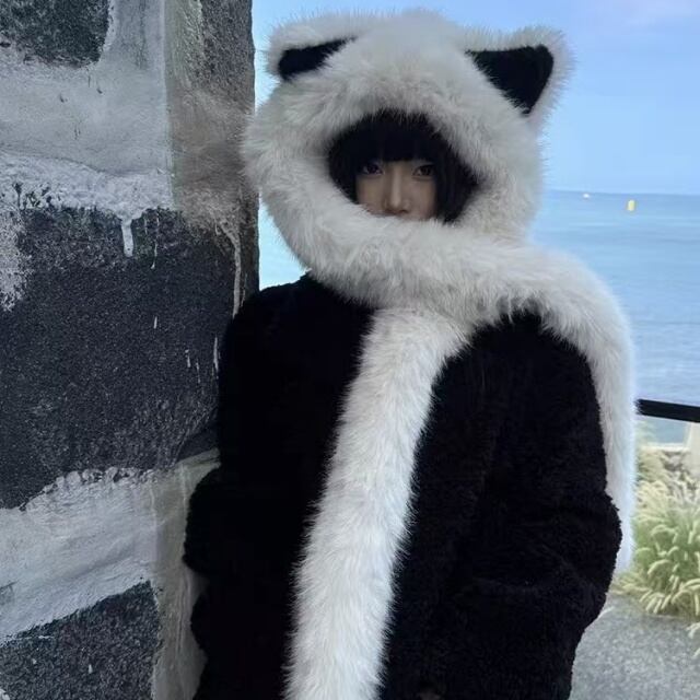 予約販売】ファー 帽子 耳付き マフラー付き レディース グレー