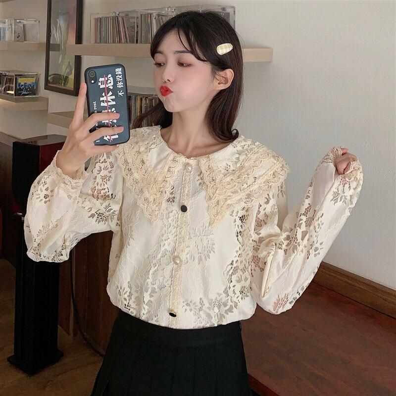 スプリングオータムスタンダードチェーン Flowerデザイン カラールーズレースシャツ レディース ロング レトロ 春物 秋物 フラワーデザイン YY-ファッション39133992170