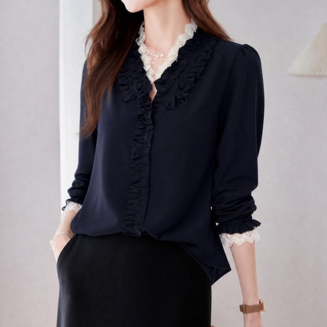 V neck elegant lace stitch slim shirt