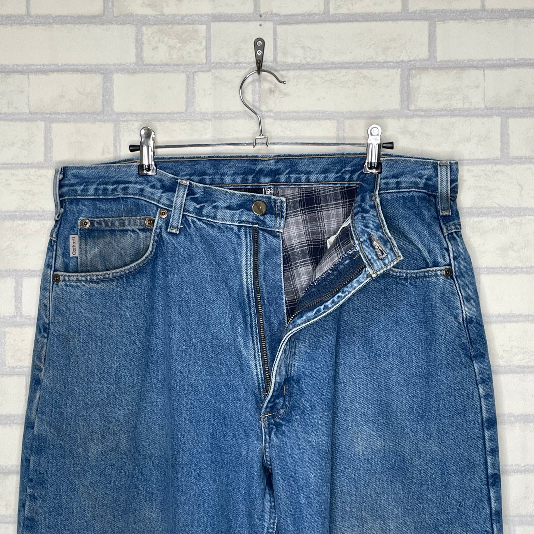 W36×L30】Carhartt デニムパンツ 革パッチ 裏地チェック柄 | 古着屋 