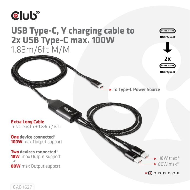 CAC-1527】Club 3D USB Type-C Y字 給電ケーブル to 2x USB Type-C